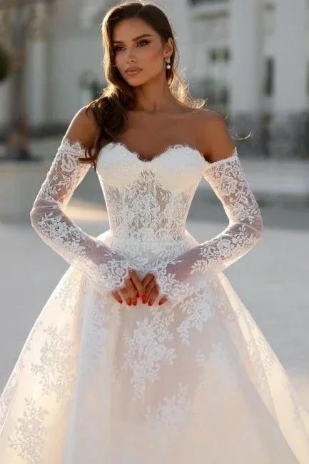 Attractive Long White A-line Off-the-shoulder Lace Wedding Dress with Long Sleeves by misshow.com