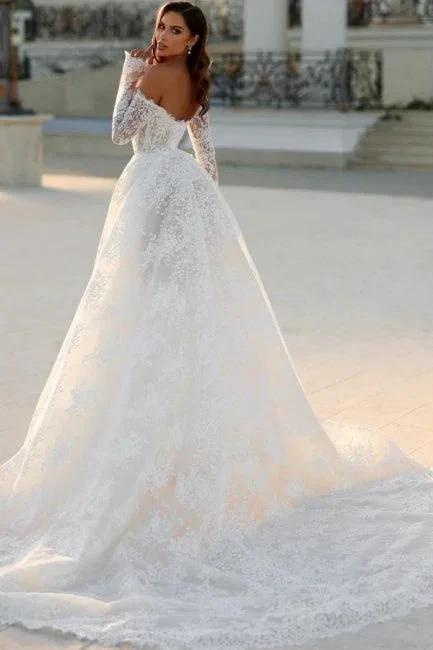 Attractive Long White A-line Off-the-shoulder Lace Wedding Dress with Long Sleeves by misshow.com