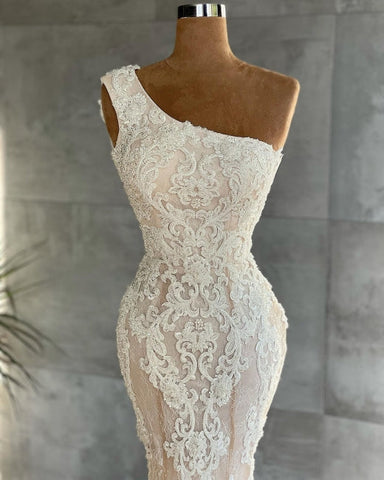 Attraktives One-Shoulder-Applikationen Spitze Bodenlanges Meerjungfrau Brautkleid 