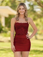 Bodycon Dark Green Spaghetti Straps Short Homecoming Dress with Appliques