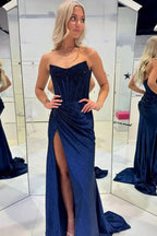 Aurorae | Mermaid Scoop Neck Navy Velvet Long Prom Dresses With Beading by KissProm