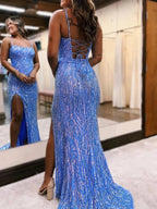 Aurum | Scoop Neck Hot Pink Mermaid Sequins Long Prom Dresses with Beading by KissProm