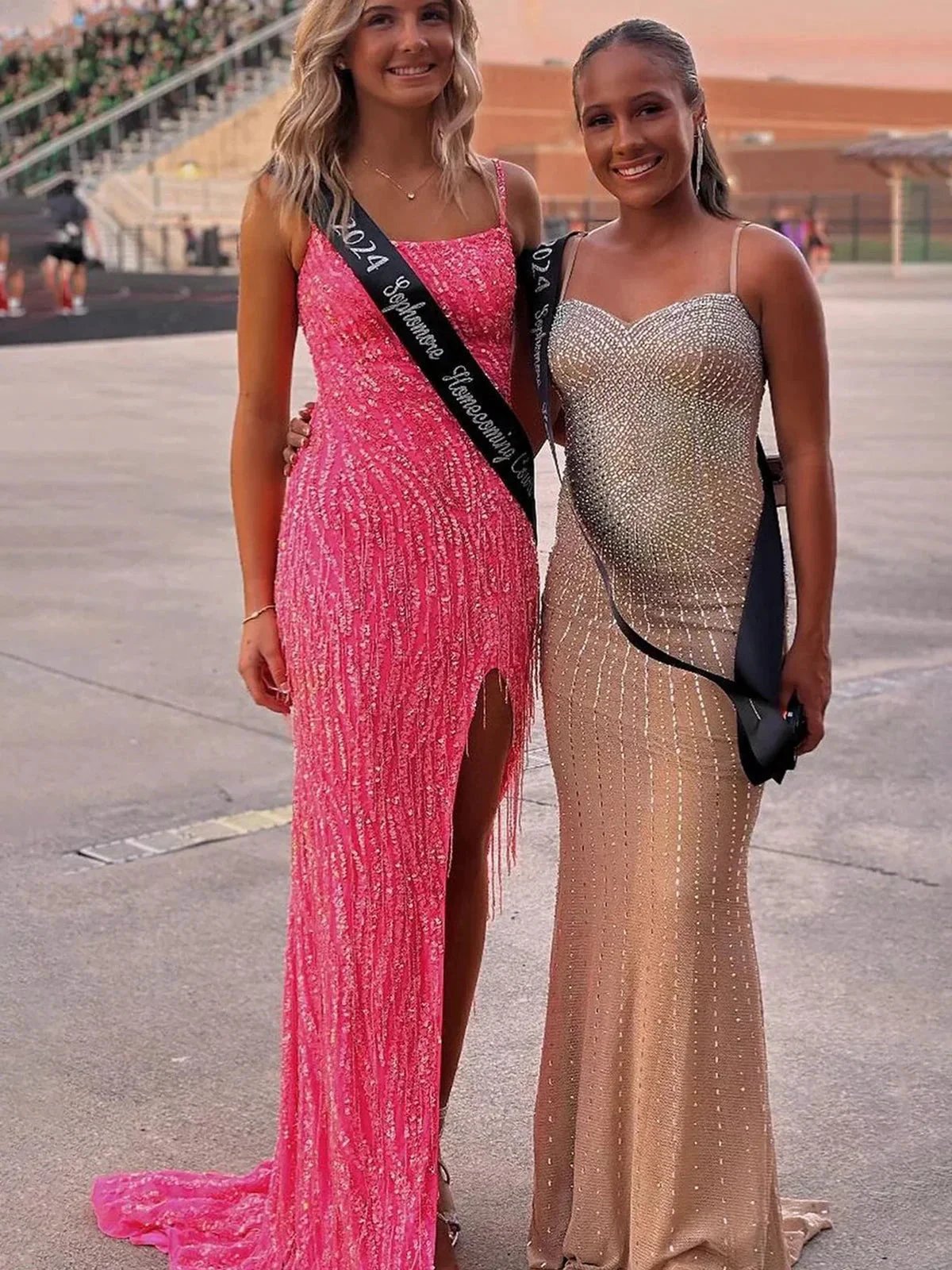 Aurum | Scoop Neck Hot Pink Mermaid Sequins Long Prom Dresses with Beading by KissProm