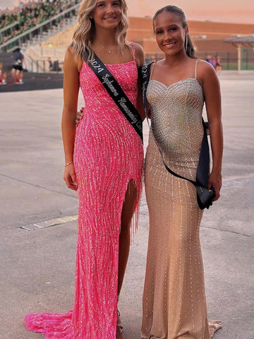 Aurum | Hot Pink Meerjungfrau Pailletten Lange Ballkleider mit U-Ausschnitt und Perlen