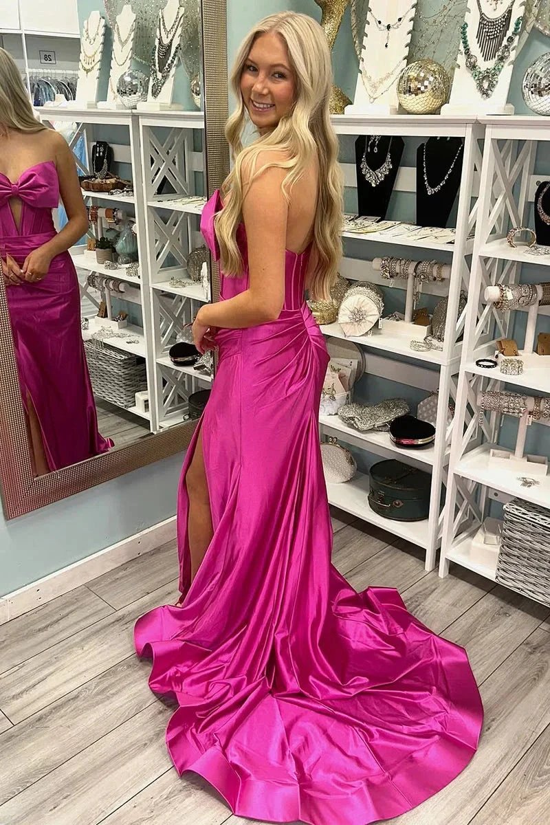 Konrad | Mermaid V-Neck Bow Satin Pleated Slit Long Prom Dresses by KissProm