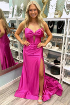 Konrad | Mermaid V-Neck Bow Satin Pleated Slit Long Prom Dresses by KissProm
