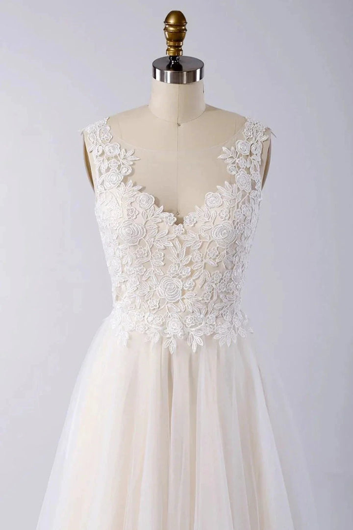 Awesome Long A-line Appliques Lace Tulle Open Back Wedding Dress by BIZTUNNEL