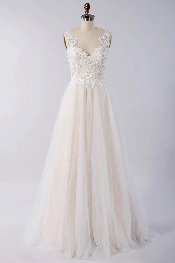Awesome Long A-line Appliques Lace Tulle Open Back Wedding Dress by BIZTUNNEL