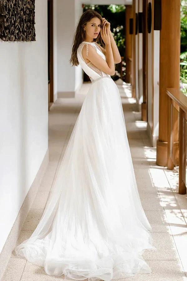 Awesome Long A-line Beading Tulle Open Back Wedding Dress by BIZTUNNEL