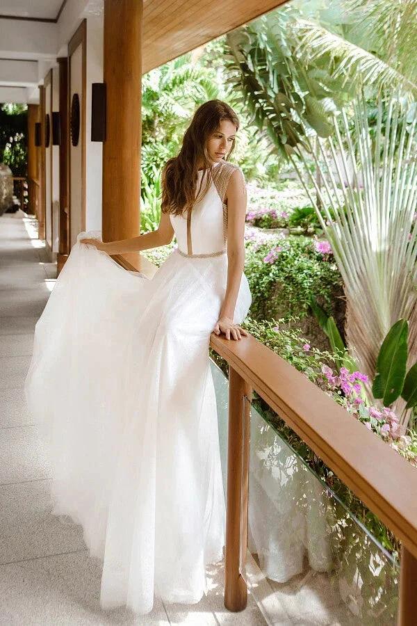 Awesome Long A-line Beading Tulle Open Back Wedding Dress by BIZTUNNEL