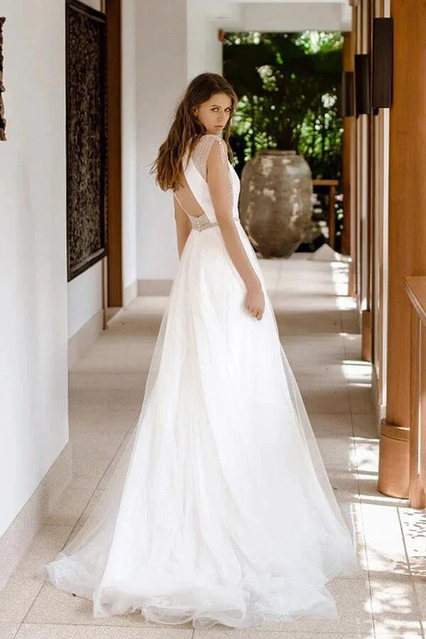 Awesome Long A-line Beading Tulle Open Back Wedding Dress by BIZTUNNEL