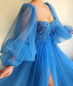 Awesome Long A-line Sweetheart Tulle Front Slit Prom Dress with Sleeves by BIZTUNNEL
