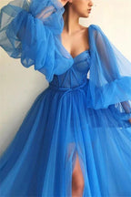 Awesome Long A-line Sweetheart Tulle Front Slit Prom Dress with Sleeves by BIZTUNNEL