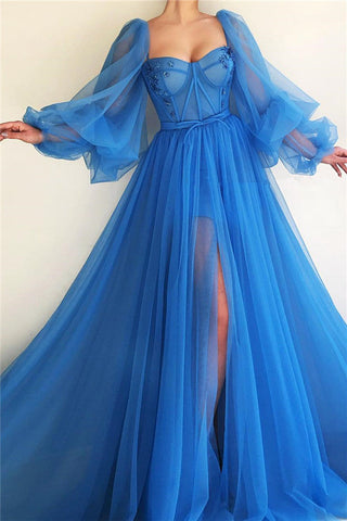 Tolles langes A-Linien-Ballkleid aus Tüll mit Herzausschnitt, Schlitz vorne und Ärmeln