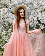 Awesome Long A-line V-Neck Beading Tulle Prom Dress with Slit by BIZTUNNEL