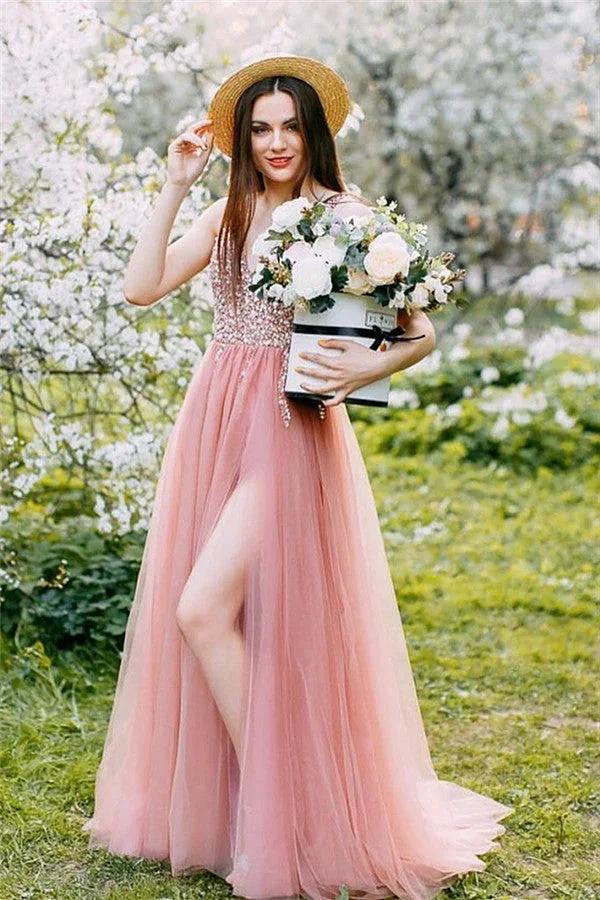 Awesome Long A-line V-Neck Beading Tulle Prom Dress with Slit by BIZTUNNEL