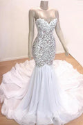 Awesome Long Mermaid Sweetheart Tulle Lace White Prom Dress by BIZTUNNEL