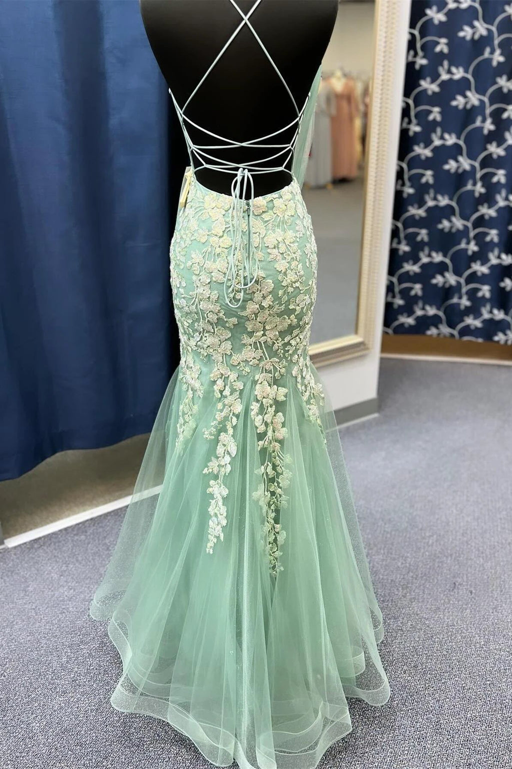 Azenor | Sage Green Spaghetti Straps Mermaid Prom Dress With Appliques by KissProm
