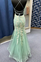 Azenor | Sage Green Spaghetti Straps Mermaid Prom Dress With Appliques by KissProm