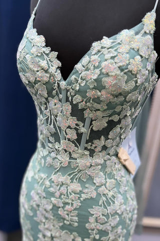Azenor | Salbeigrünes Meerjungfrau-Ballkleid mit Spaghettiträgern und Applikationen 