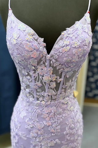 Azenor | Salbeigrünes Meerjungfrau-Ballkleid mit Spaghettiträgern und Applikationen 