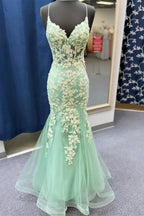 Azenor | Sage Green Spaghetti Straps Mermaid Prom Dress With Appliques by KissProm