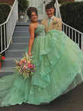 Azurena | Ball Gown Sweetheart Sage Green Tulle Long Prom Dresses with Appliques by KissProm