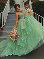 Azurena | Ball Gown Sweetheart Sage Green Tulle Long Prom Dresses with Appliques by KissProm