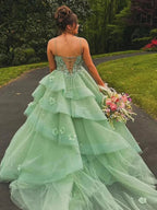 Azurena | Ball Gown Sweetheart Sage Green Tulle Long Prom Dresses with Appliques by KissProm