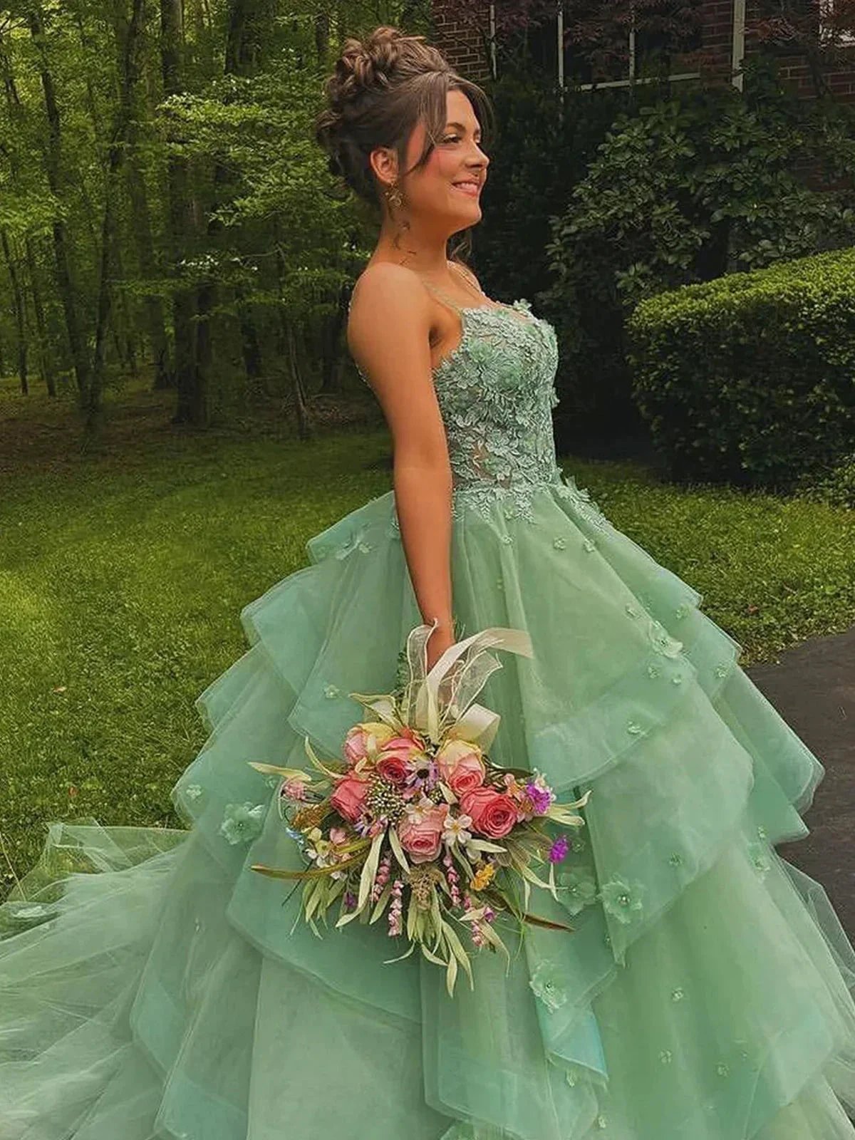 Azurena | Ball Gown Sweetheart Sage Green Tulle Long Prom Dresses with Appliques by KissProm