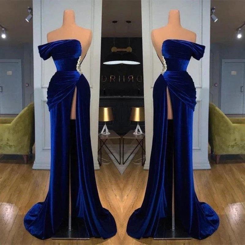 Dark Blue One-Shoulder Mermaid Prom Dress Long Split with Beads by BIZTUNNEL