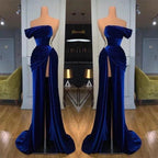 Dark Blue One-Shoulder Mermaid Prom Dress Long Split with Beads by BIZTUNNEL