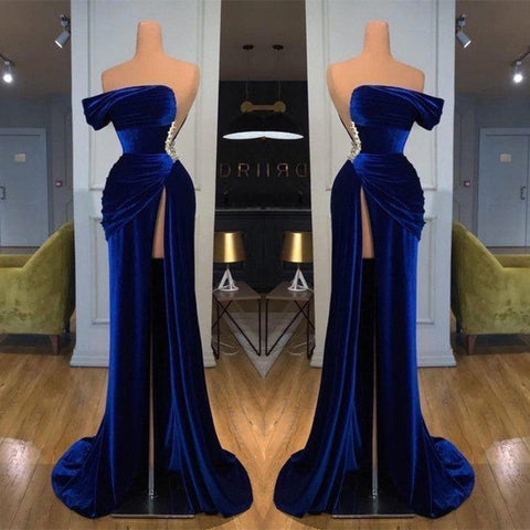 Dunkelblaues One-Shoulder-Meerjungfrau-Ballkleid, lang, mit Schlitz und Perlen