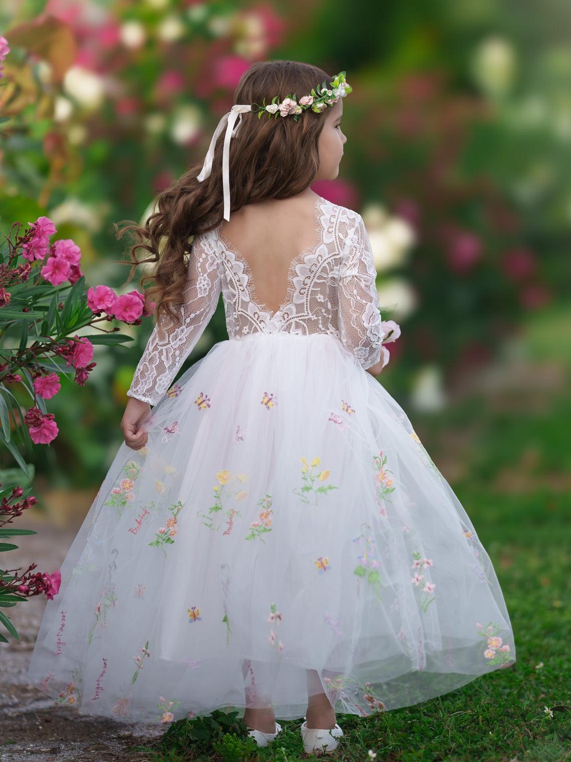 Floral Lace Embroidered Tulle A-Line Floor Length Garden Flower Girl Dress - photo 4