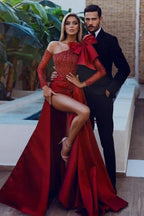 Bow Burgundy Long Sleeve Sequins Mermaid Prom Dress With Split by BIZTUNNEL