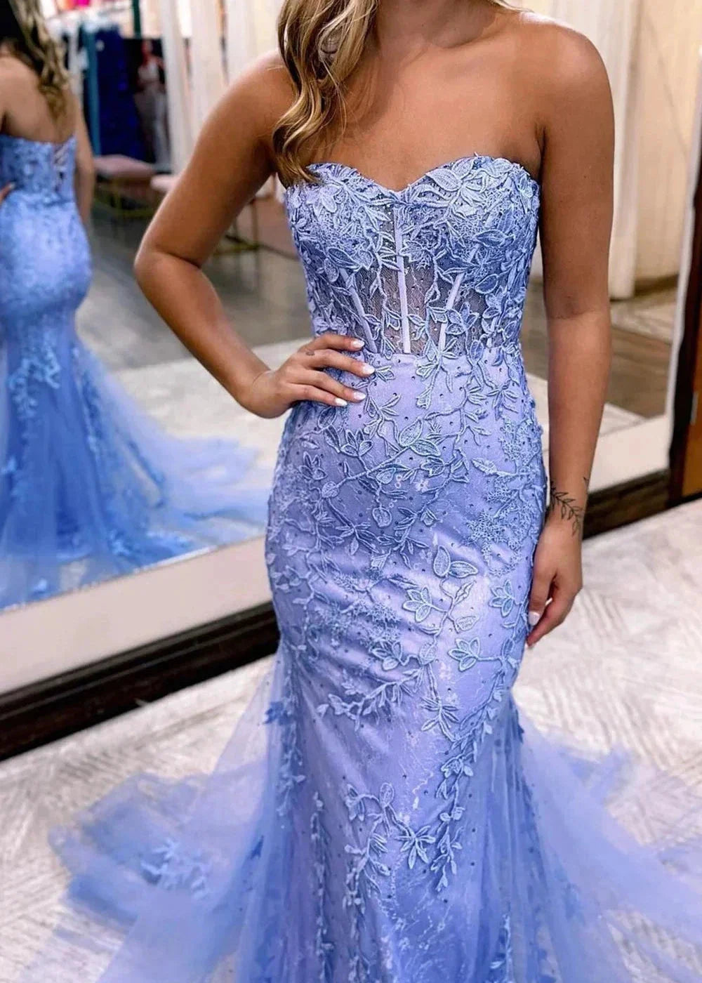 Pink Mermaid Sweetheart Neck Lace Long Prom Dress With Appliques by KissProm