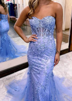 Pink Mermaid Sweetheart Neck Lace Long Prom Dress With Appliques by KissProm