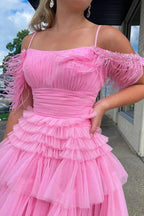 Cute Pink A Line Feather Tulle Homecoming Dresses by Ombreprom
