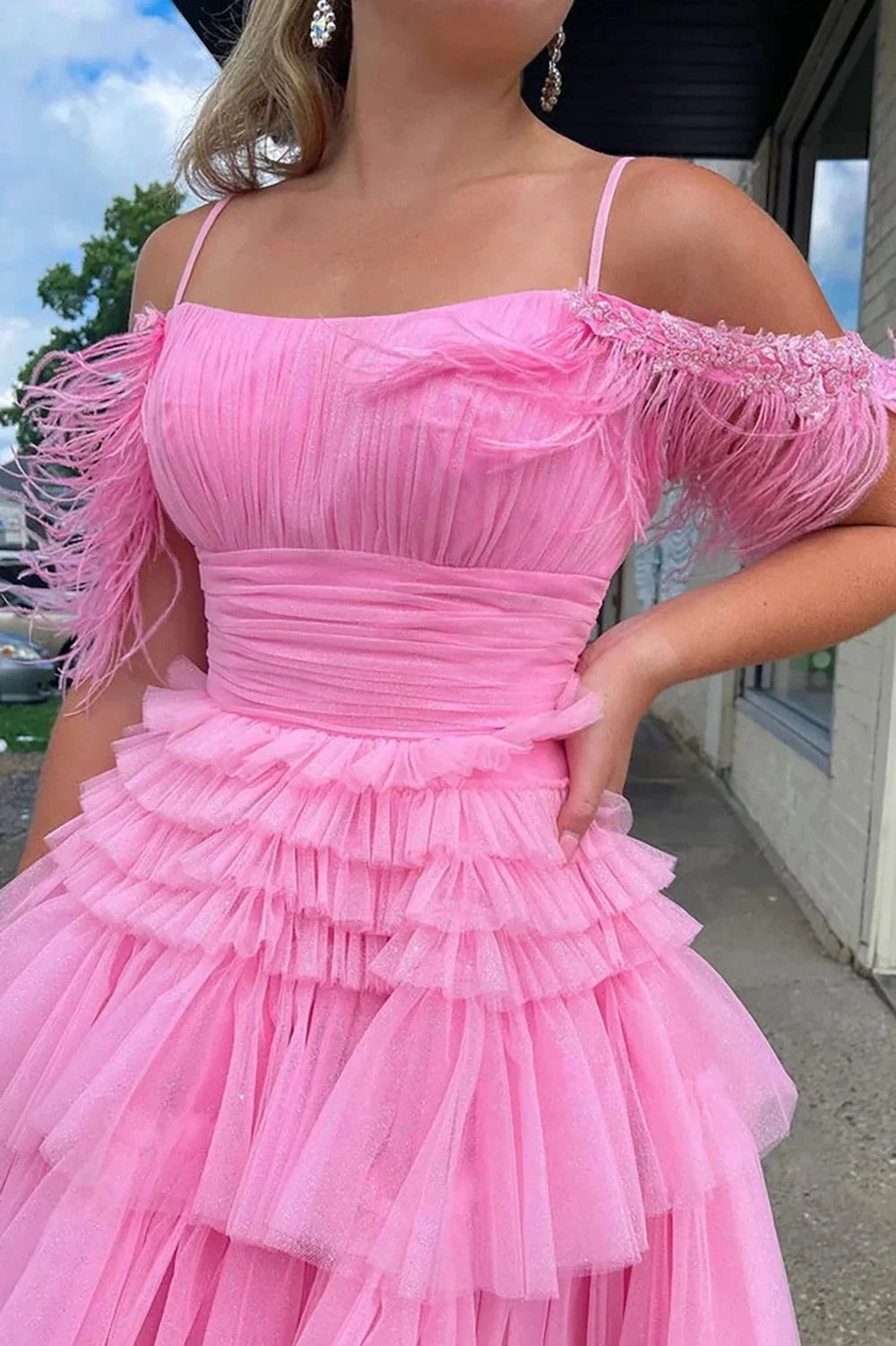 Cute Pink A Line Feather Tulle Homecoming Dresses by Ombreprom
