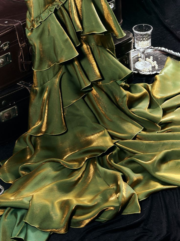 Vestido de fiesta largo vintage verde con volantes escalonados Y7548