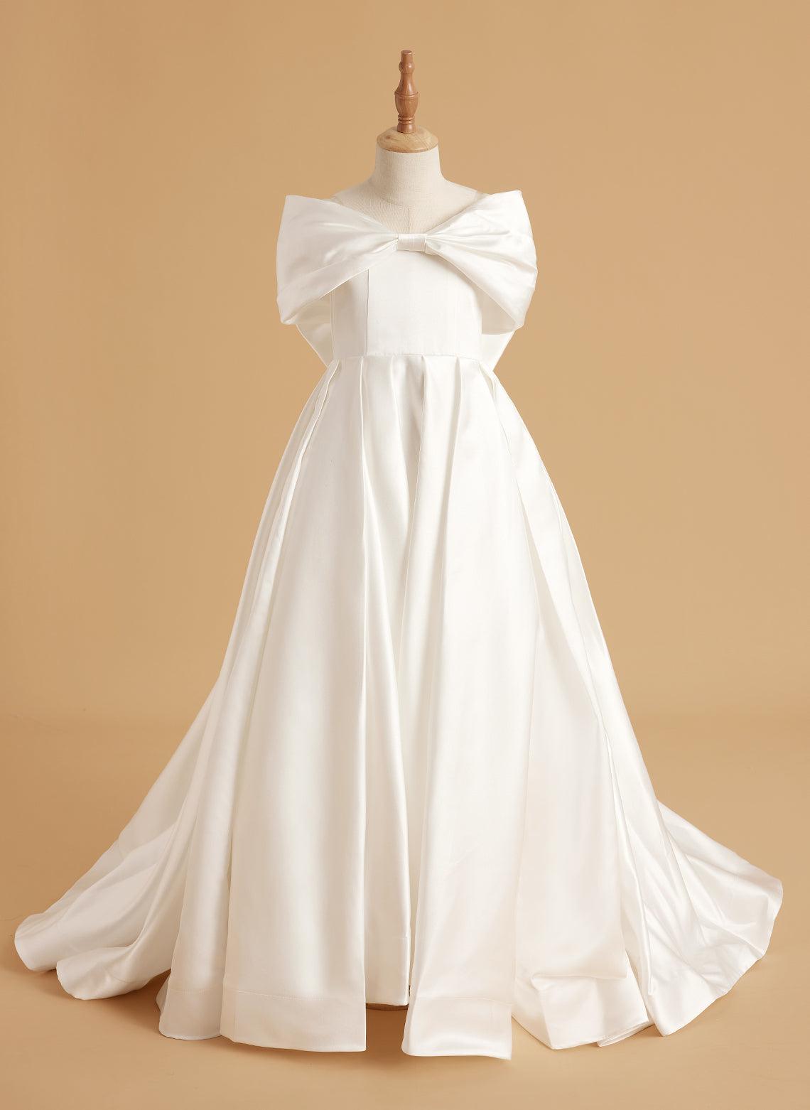 Elegant Ivory Satin Princess Ball Gown with Sweep Train and Bow for Flower Girls - photo 6