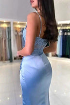 Fashionable Long Sky Blue Mermaid Spaghetti Straps Lace Prom Dress with Slit by misshow.com