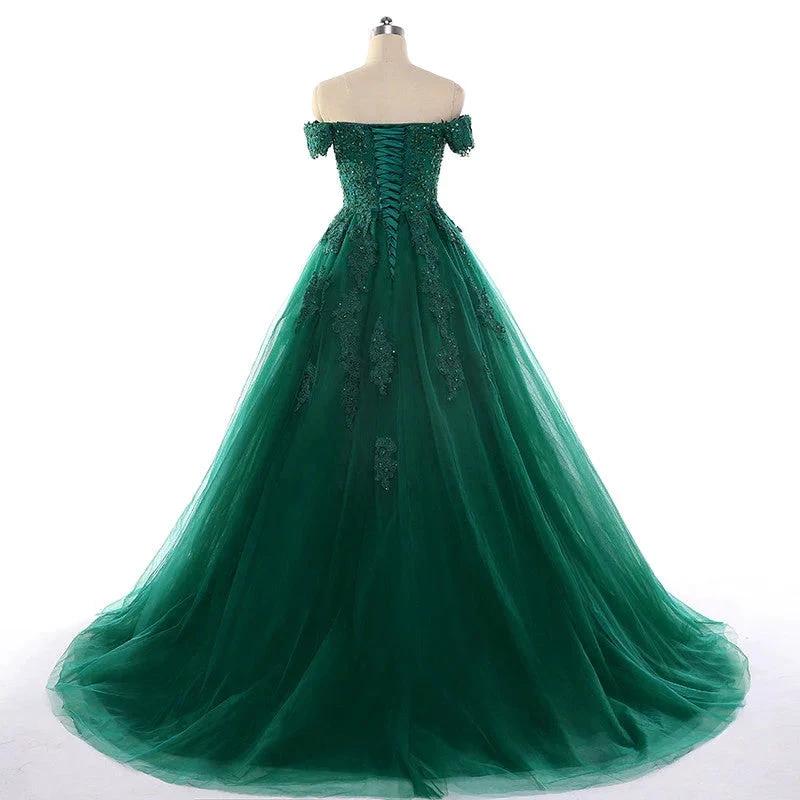 Sexy Dark Green Lace Applique Dresses Short Sleeve Ball Gown For 15 Prom Party Dress Custom Chapel Train Sweet 16 Dresses Y610 by simplepromdress