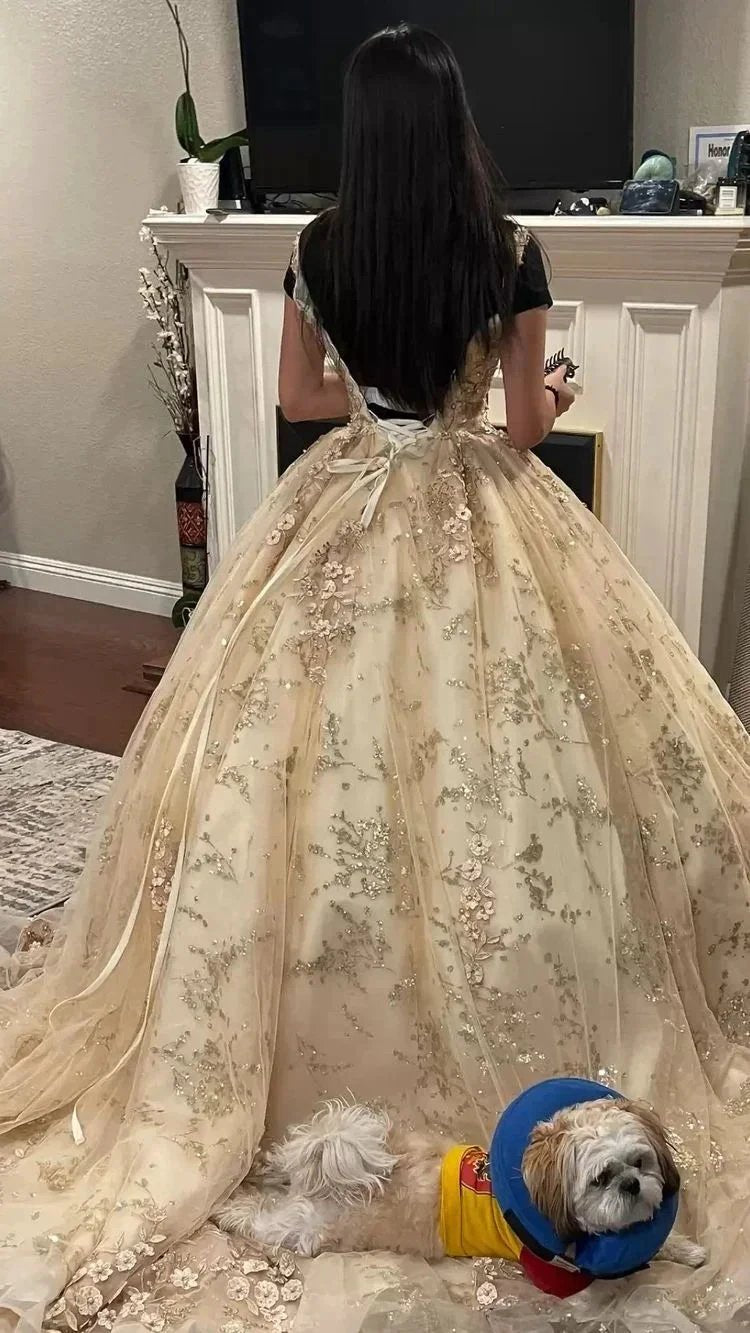 Luxurious Champagne V Neck Quinceanera Dress Princess Dress Champagne Ball Gown Y593 by simplepromdress
