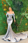 Long Off the Shoulder Velvet Mermaid Prom Dress with Sleeves by BIZTUNNEL
