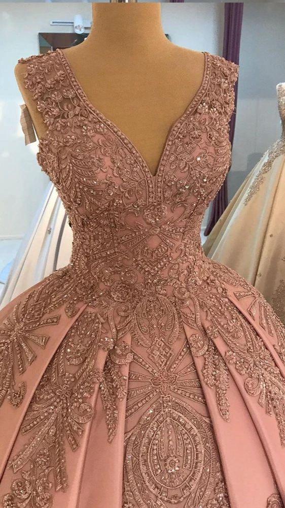 Blush Pink Lace Beaded Quinceanera Dresses Deep V-neck Satin Ball Gown Y1086 by simplepromdress