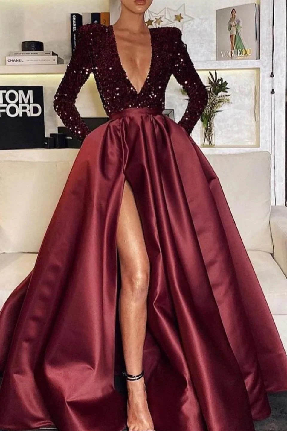 Long Sleeves Mermaid V-Neck Sequins Satin Prom Dress with Split by BIZTUNNEL