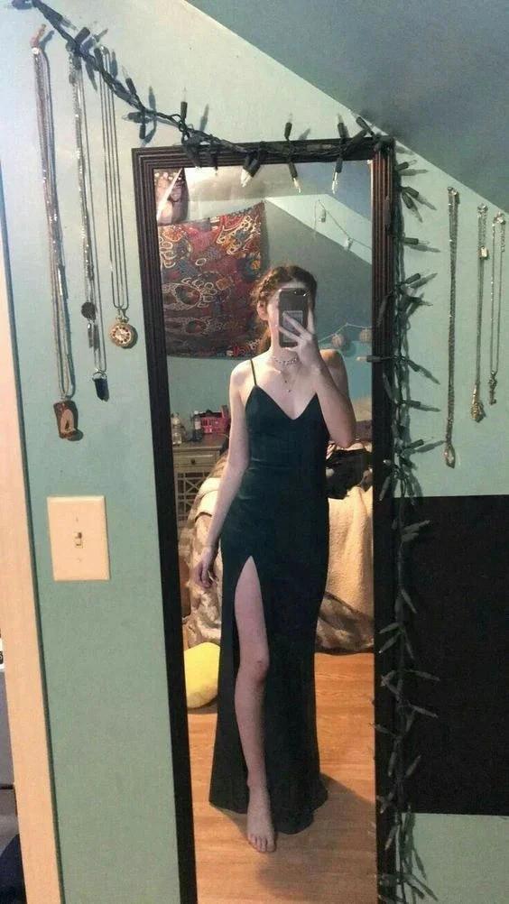 Spaghetti Straps V Neck Prom Dress Side Split ,Classic Sheath/Column Evening Gown Y737 by simplepromdress