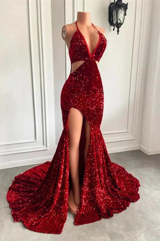 Split Front Red Halter V-Ncek Sequin Floor Length Mermaid Prom Dress by BIZTUNNEL