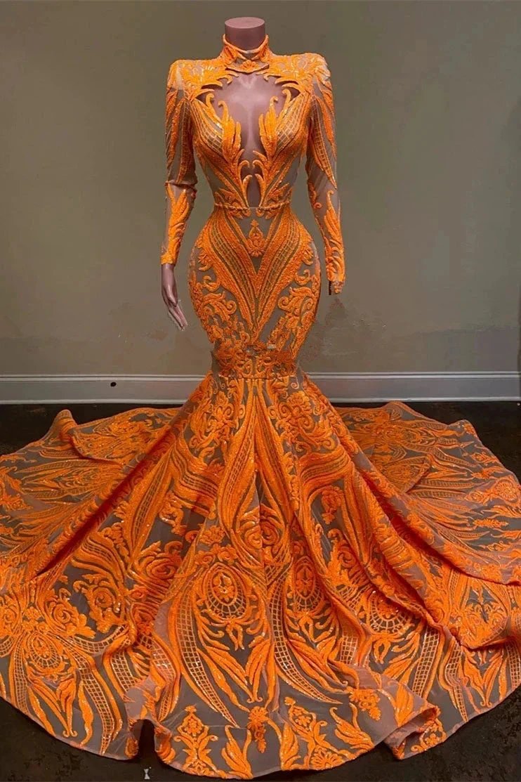 High Neck Mermaid Orange Prom Dress with Long Sleeves Sequins Lace by BIZTUNNEL